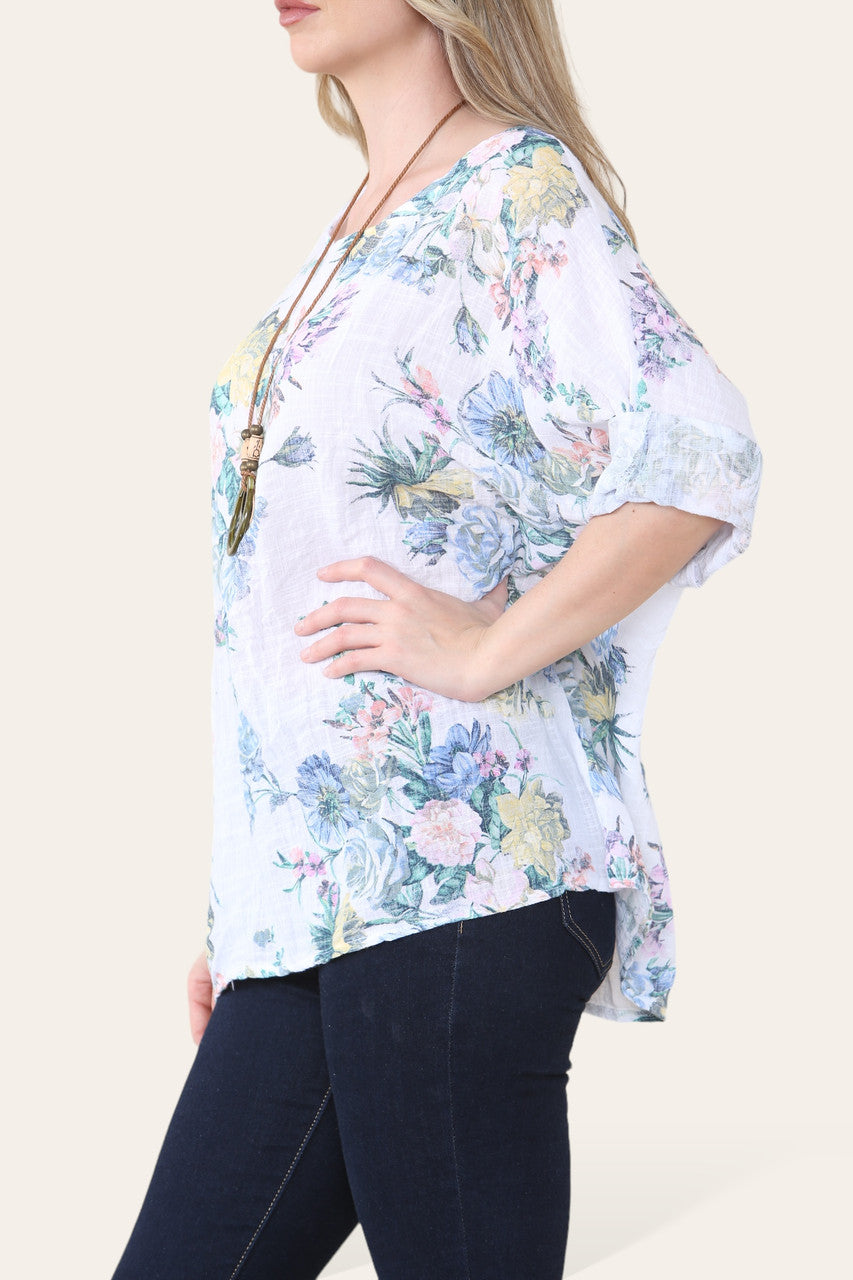 TOP MET VERVAAGDE BLOEMENPRINT WIT