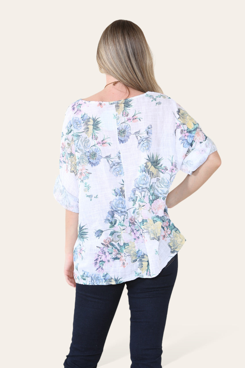TOP MET VERVAAGDE BLOEMENPRINT WIT