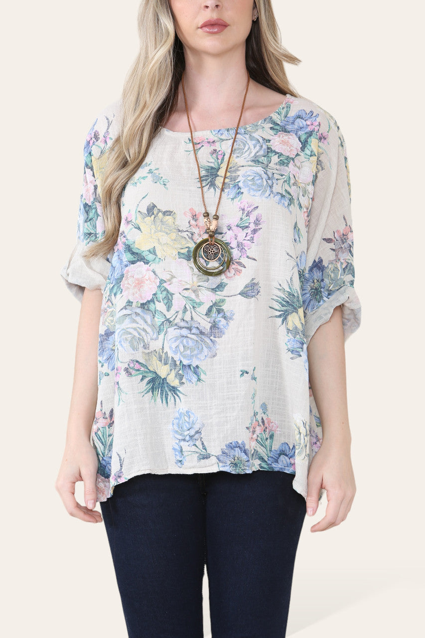 FADED FLORAL BOUQUET PRINT TOP STONE