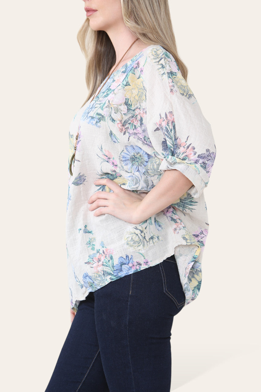 FADED FLORAL BOUQUET PRINT TOP STONE