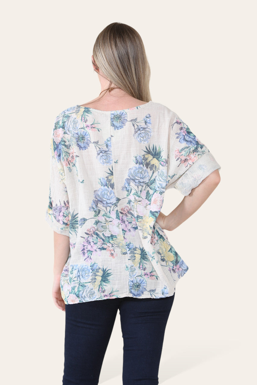 FADED FLORAL BOUQUET PRINT TOP STONE