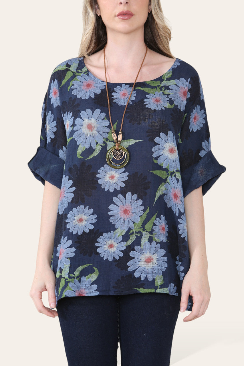DAISY FLORAL PRINT TOP  - NAVY