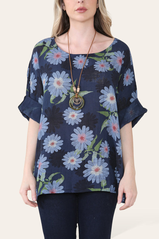 DAISY FLORAL PRINT TOP - NAVY