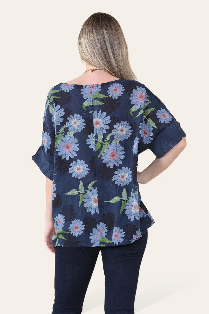 DAISY FLORAL PRINT TOP  - NAVY