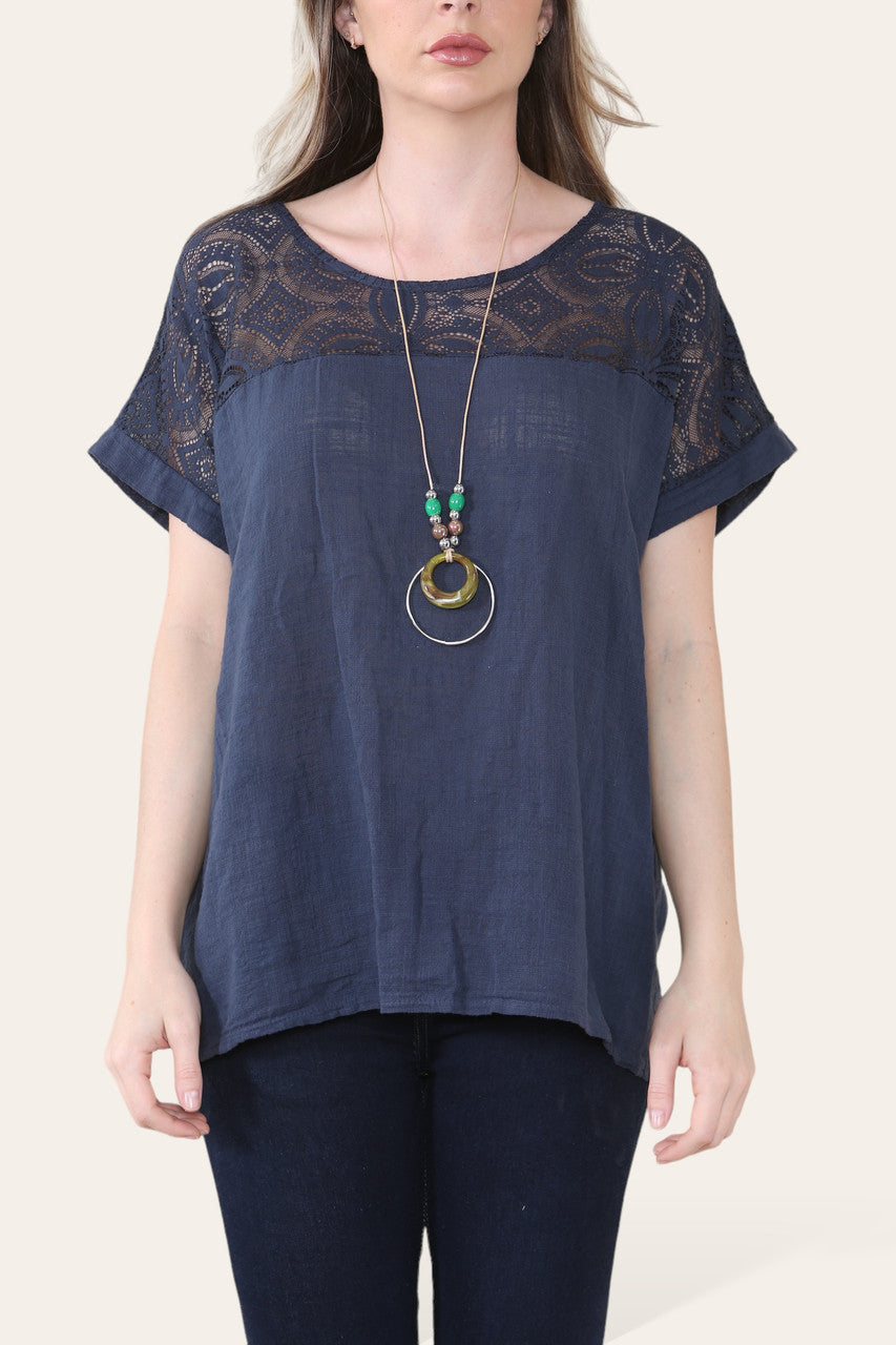 CROCHET LACE SHOULDER DETAIL TOP - NAVY
