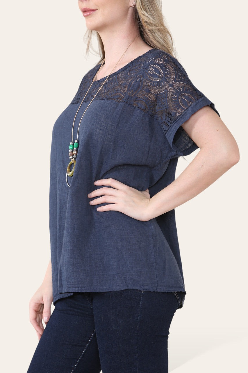 CROCHET LACE SHOULDER DETAIL TOP - NAVY