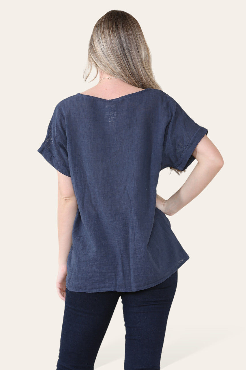 CROCHET LACE SHOULDER DETAIL TOP - NAVY