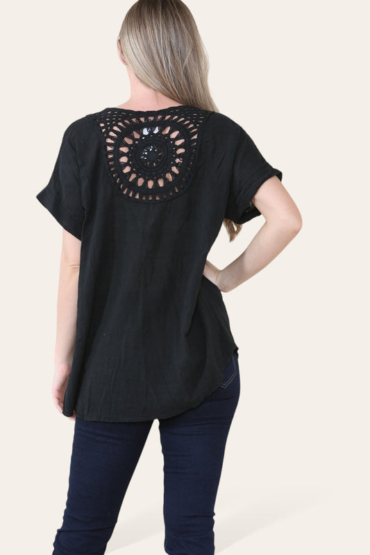 CROCHET DETAIL BACK TOP BLACK