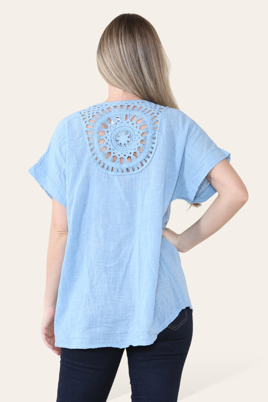 CROCHET DETAIL BACK TOP LIGHT BLUE