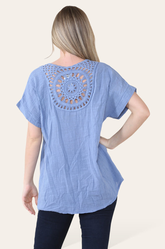 CROCHET DETAIL BACK TOP DENIM