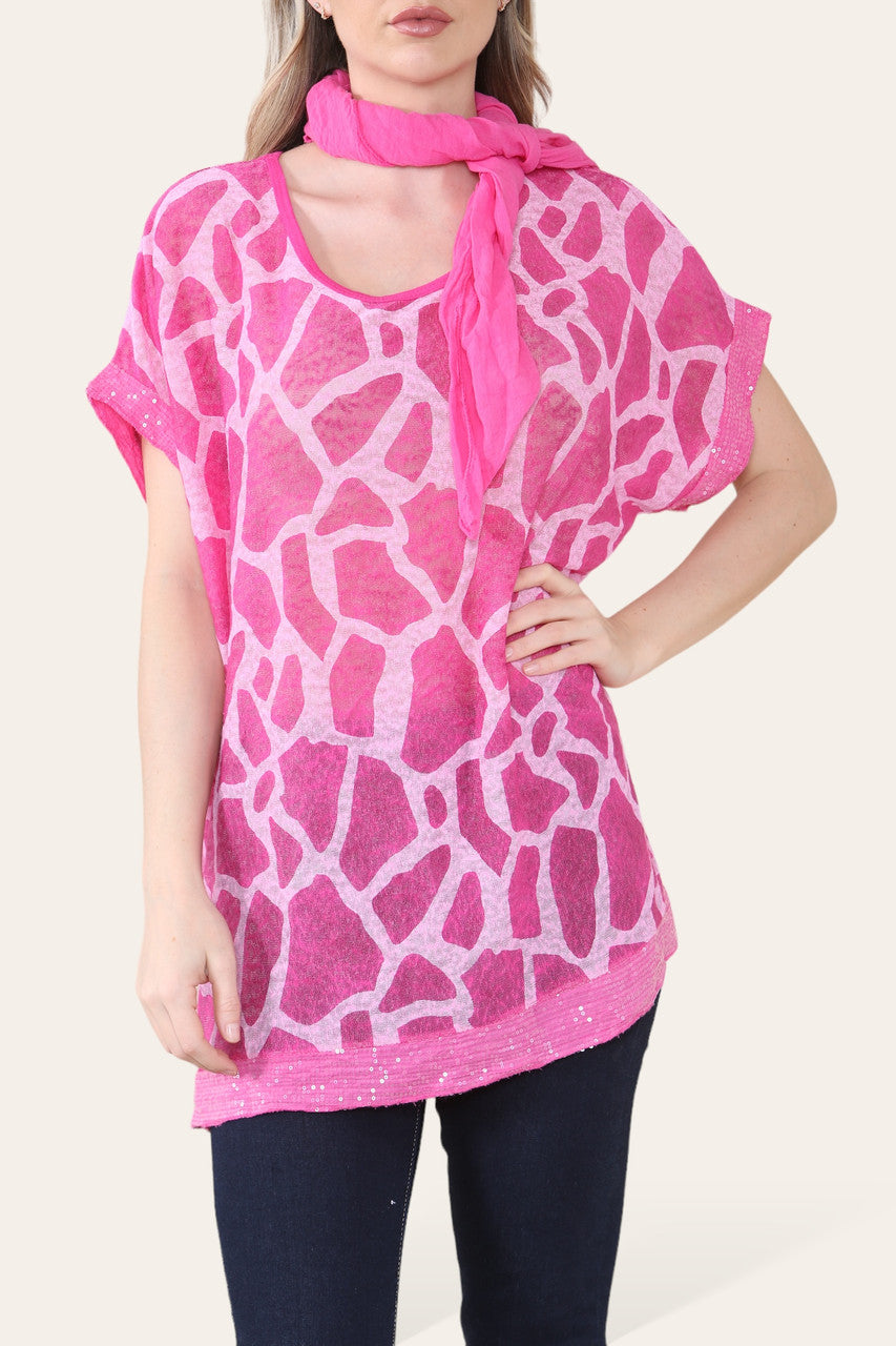 SJAALTOP MET MARMERPRINT CERISE