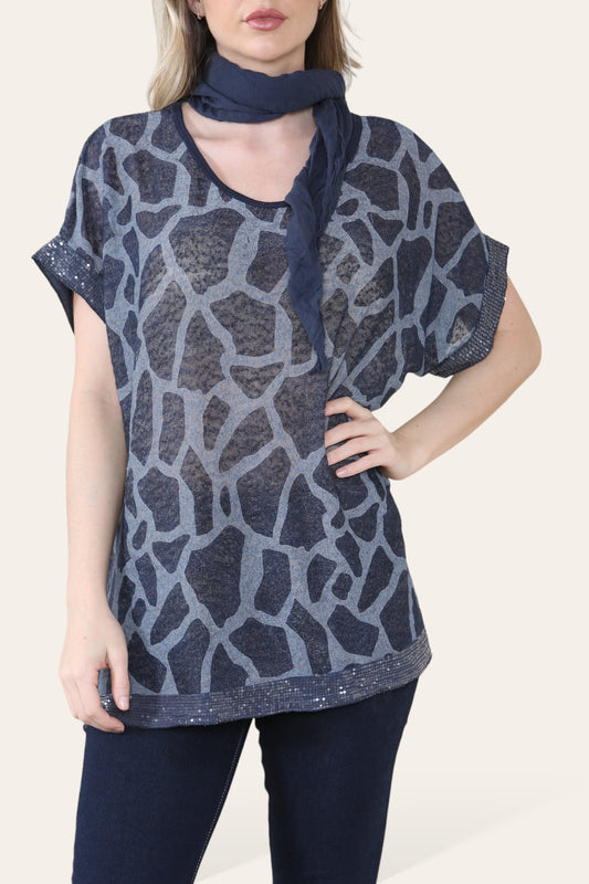 MARBLE PRINT SCARF TOP NAVY