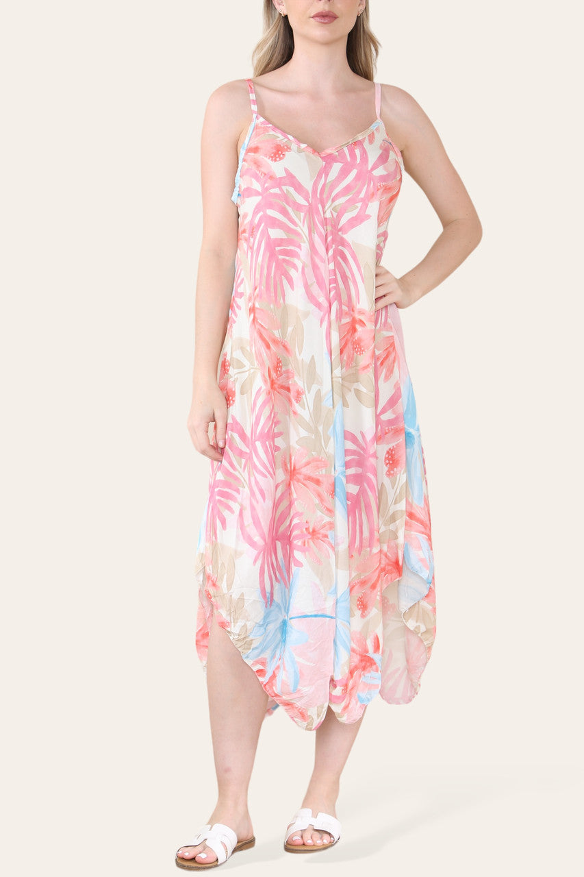 Tropical Leaf Print Hanky Hem Strappy Dress - Pink