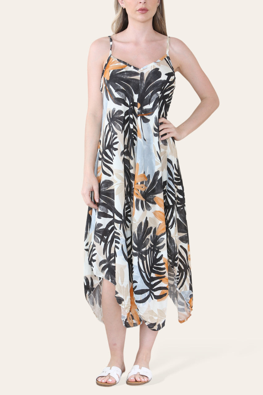 Tropical Leaf Print Hanky Hem Strappy Dress - Black