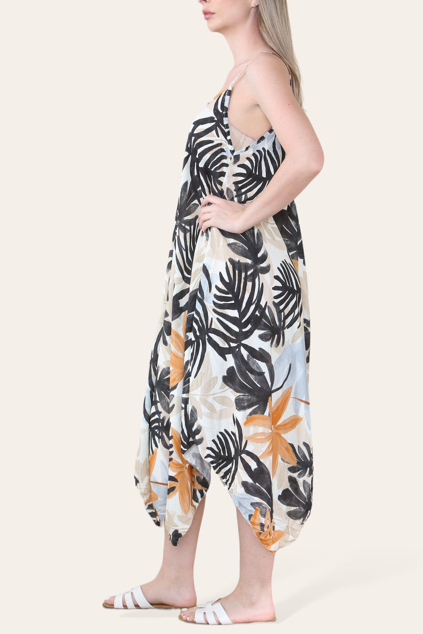 Tropical Leaf Print Hanky Hem Strappy Dress - Black