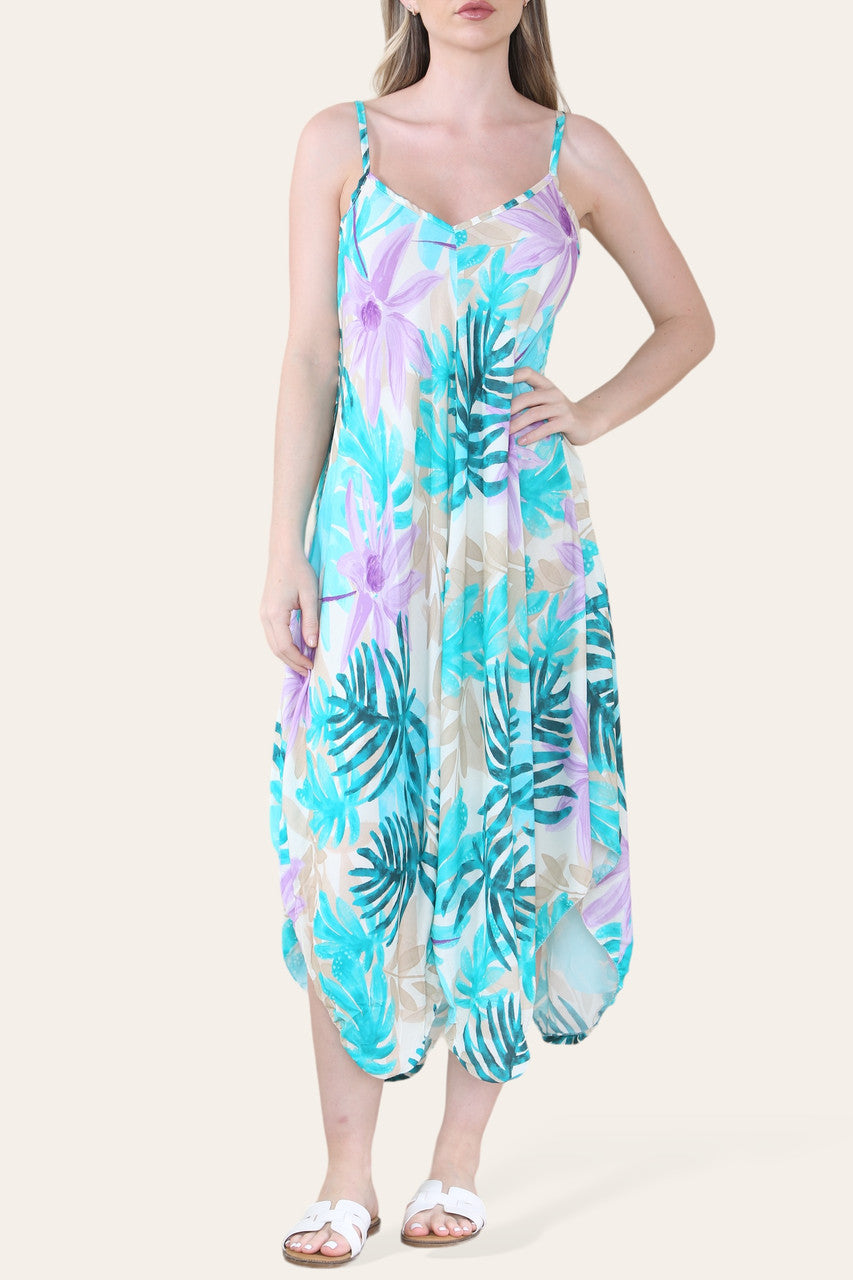 Jurk met Tropische Bladprint en Asymmetrische Zoom - Turkoois