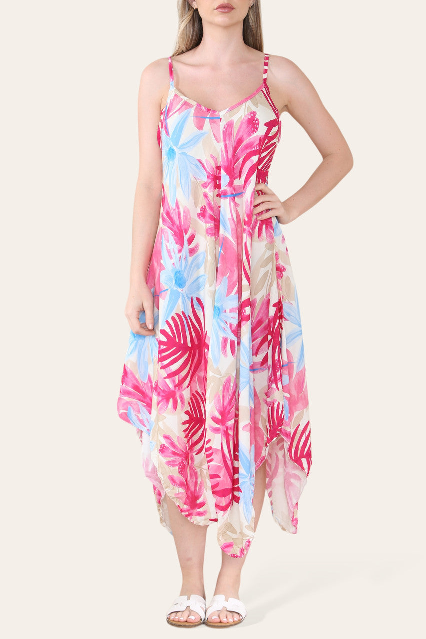 Tropical Leaf Print Hanky Hem Strappy Dress - Cerise