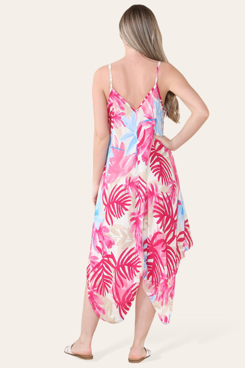 Tropical Leaf Print Hanky Hem Strappy Dress - Cerise