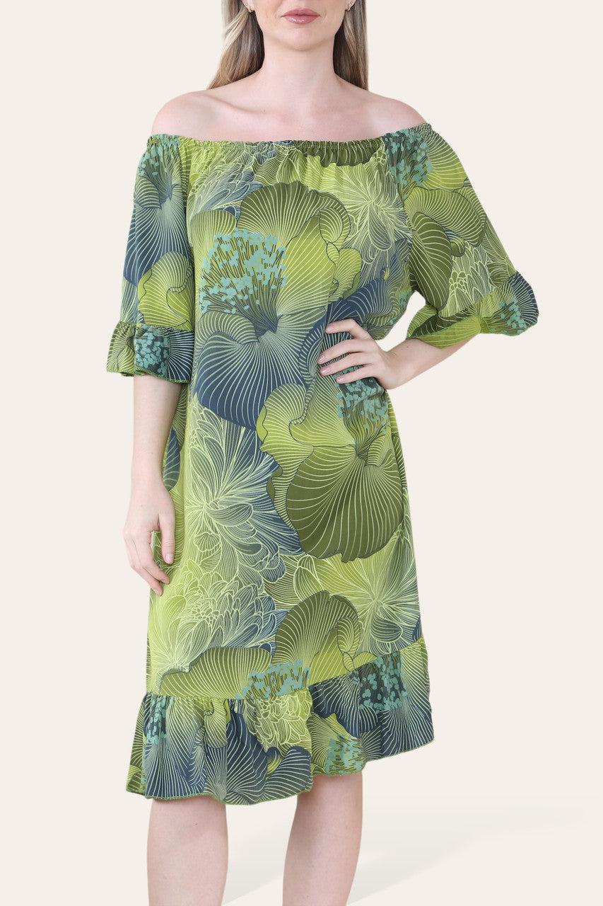 FLORALE BLADCONTOUREN PRINT BARDOT MIDI GYPSY JURK LIMOEN