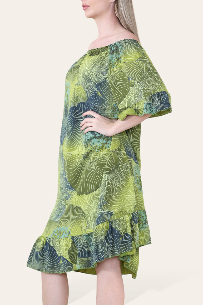 FLORALE BLADCONTOUREN PRINT BARDOT MIDI GYPSY JURK LIMOEN
