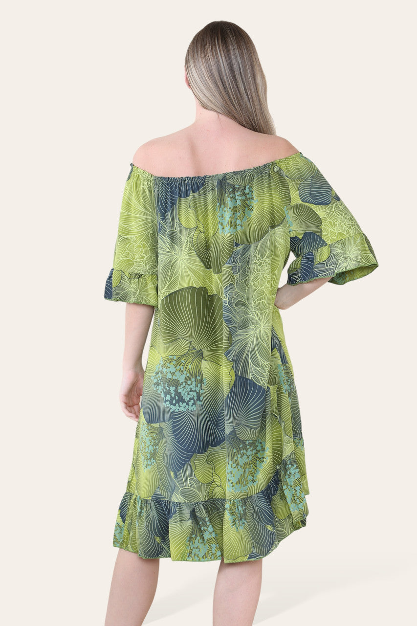 FLORALE BLADCONTOUREN PRINT BARDOT MIDI GYPSY JURK LIMOEN