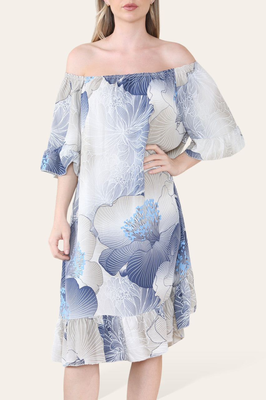 FLORALE BLADPRINT BARDOT MIDI GYPSY JURK STEENKLEURIG