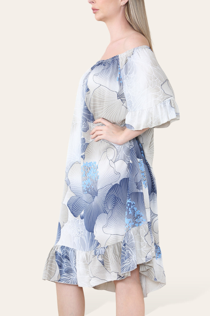 FLORALE BLADPRINT BARDOT MIDI GYPSY JURK STEENKLEURIG