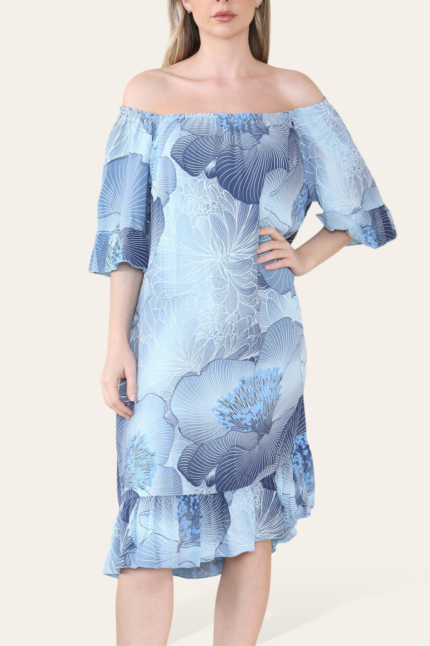 BLOEMIG BLADCONTOUR PRINT BARDOT MIDI GYPSY JURK LICHTBLAUW