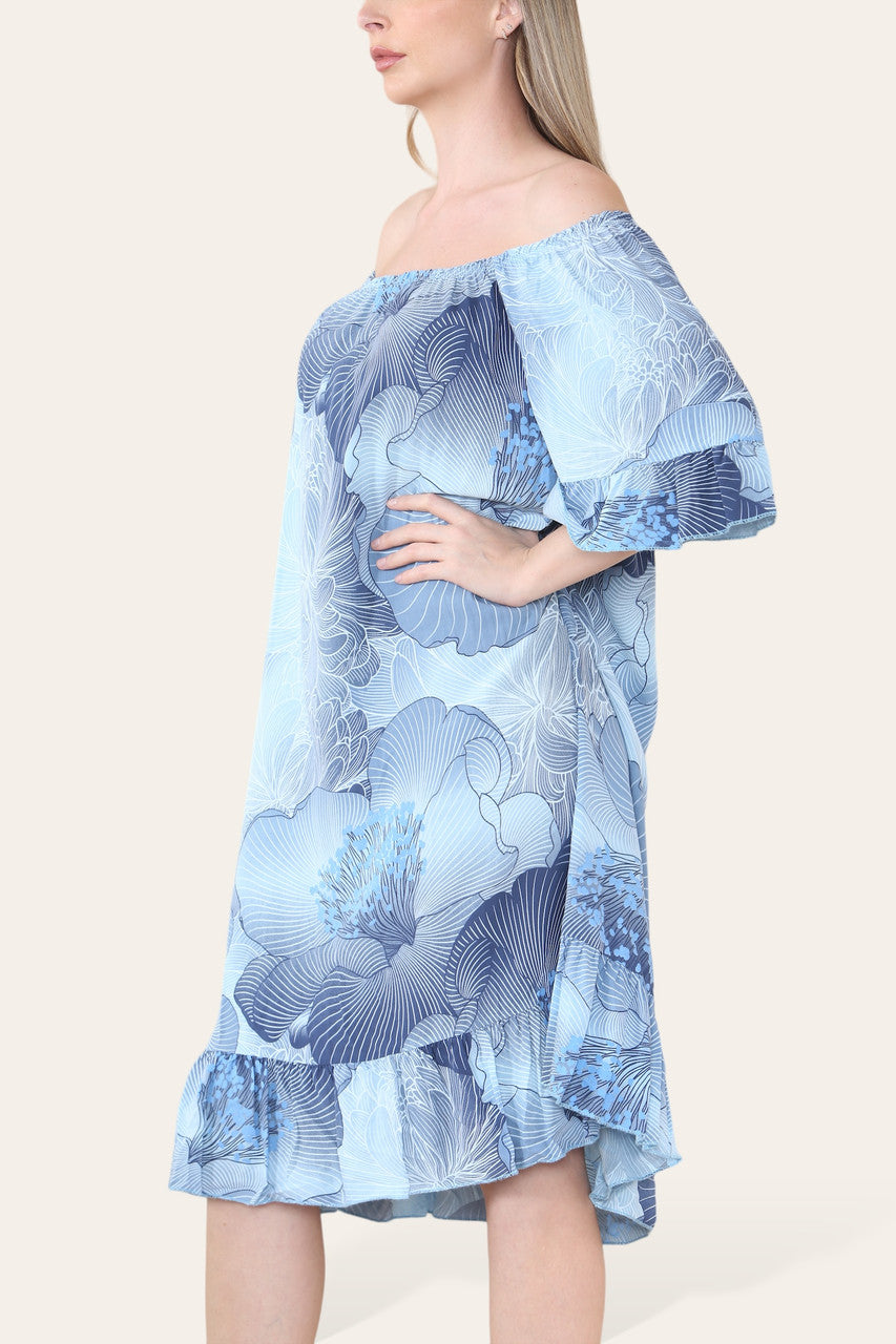 BLOEMIG BLADCONTOUR PRINT BARDOT MIDI GYPSY JURK LICHTBLAUW