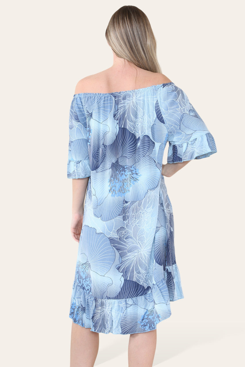 BLOEMIG BLADCONTOUR PRINT BARDOT MIDI GYPSY JURK LICHTBLAUW