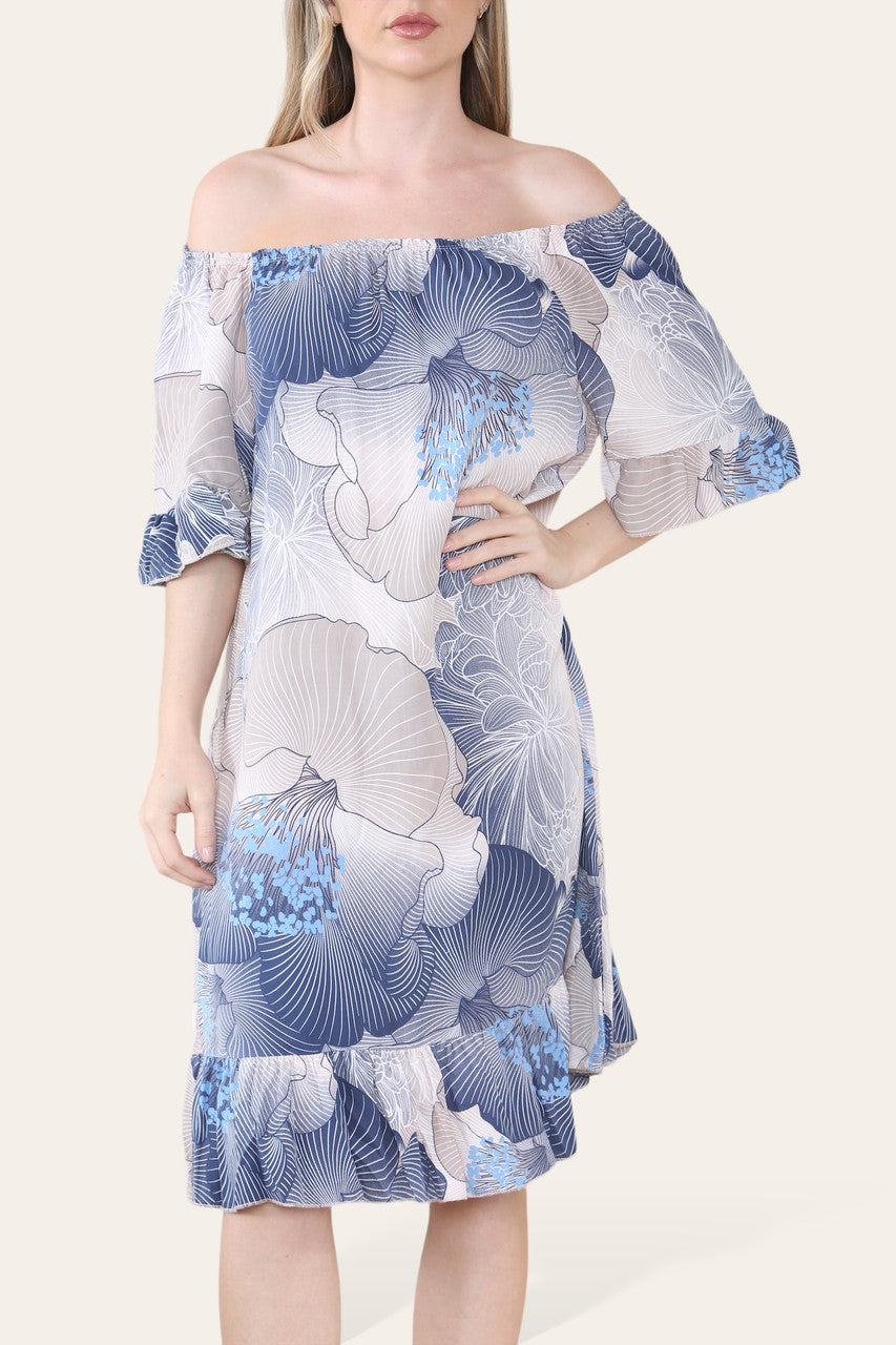 FLORALE BARDOT MIDI-JURK MET BLADERENPATROON STOFROZE