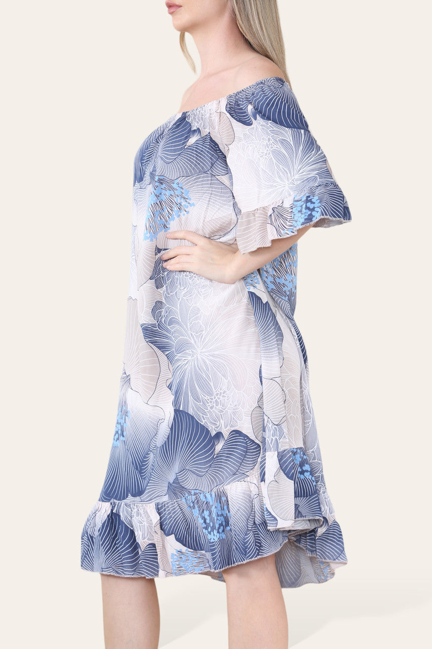 FLORALE BARDOT MIDI-JURK MET BLADERENPATROON STOFROZE