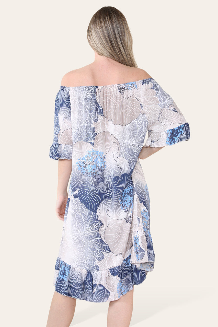 FLORALE BARDOT MIDI-JURK MET BLADERENPATROON STOFROZE