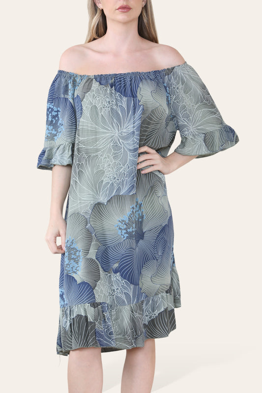 FLORAL LEAF OUTLINE PRINT BARDOT MIDI GYPSY DRESS KHAKI