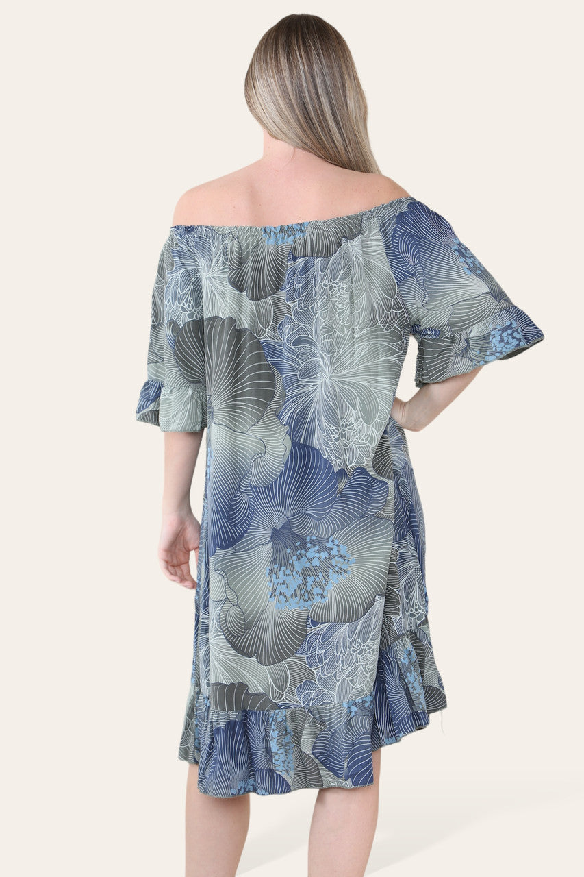 FLORAL LEAF OUTLINE PRINT BARDOT MIDI GYPSY DRESS KHAKI