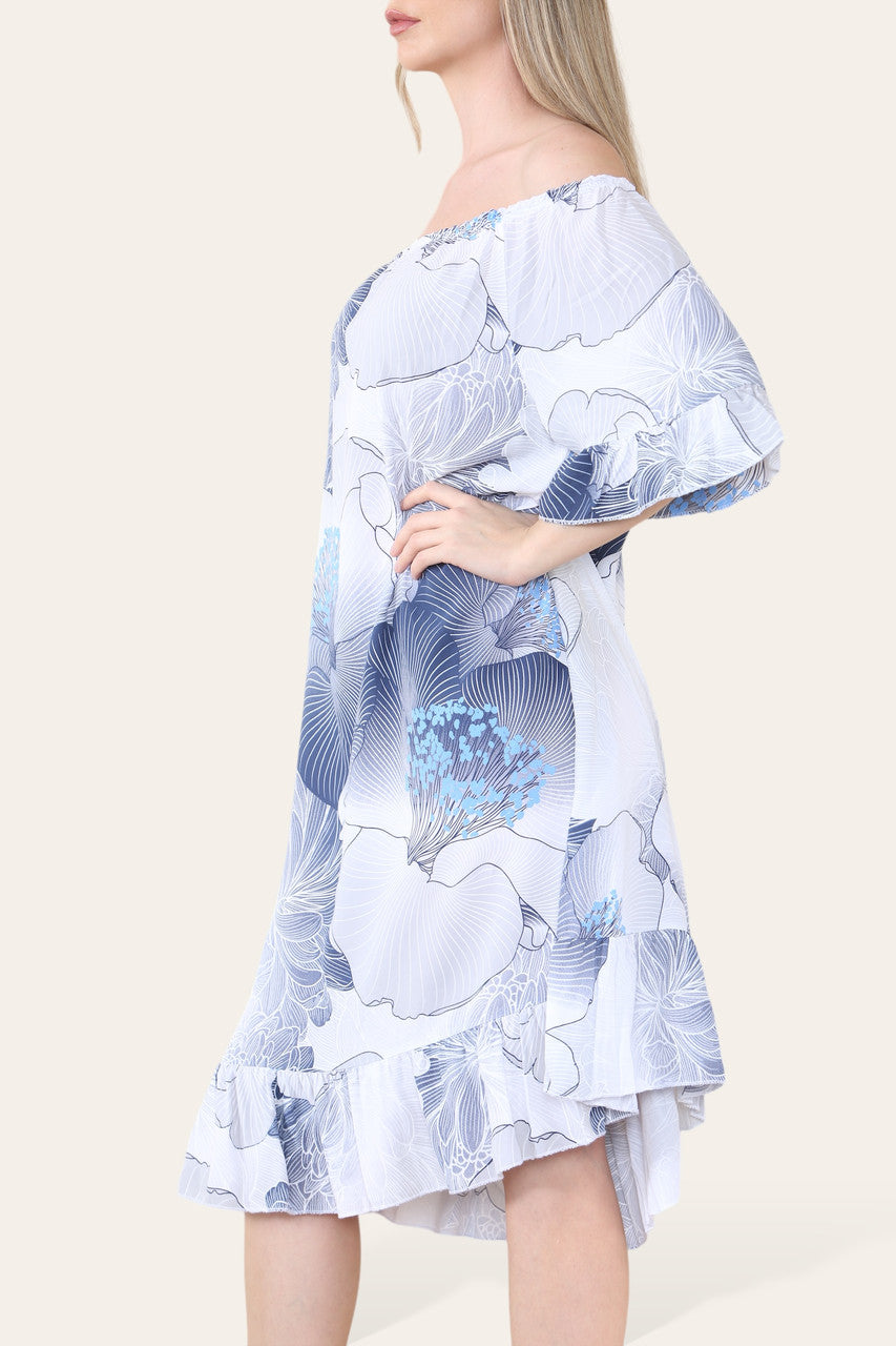 FLORALE BLADPRINT BARDOT MIDI GYPSY JURK WIT