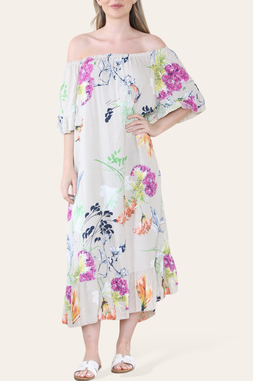 FLORAL BLAD SCHETS PRINT BARDOT MIDAXI ZIGEUNER JURK STEEN