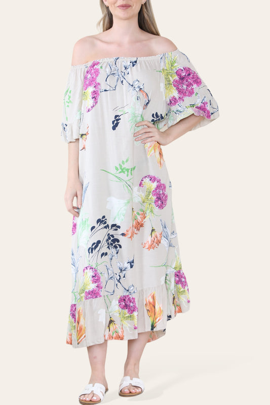 FLORAL LEAF SKETCH PRINT BARDOT MIDAXI GYPSY DRESS STONE