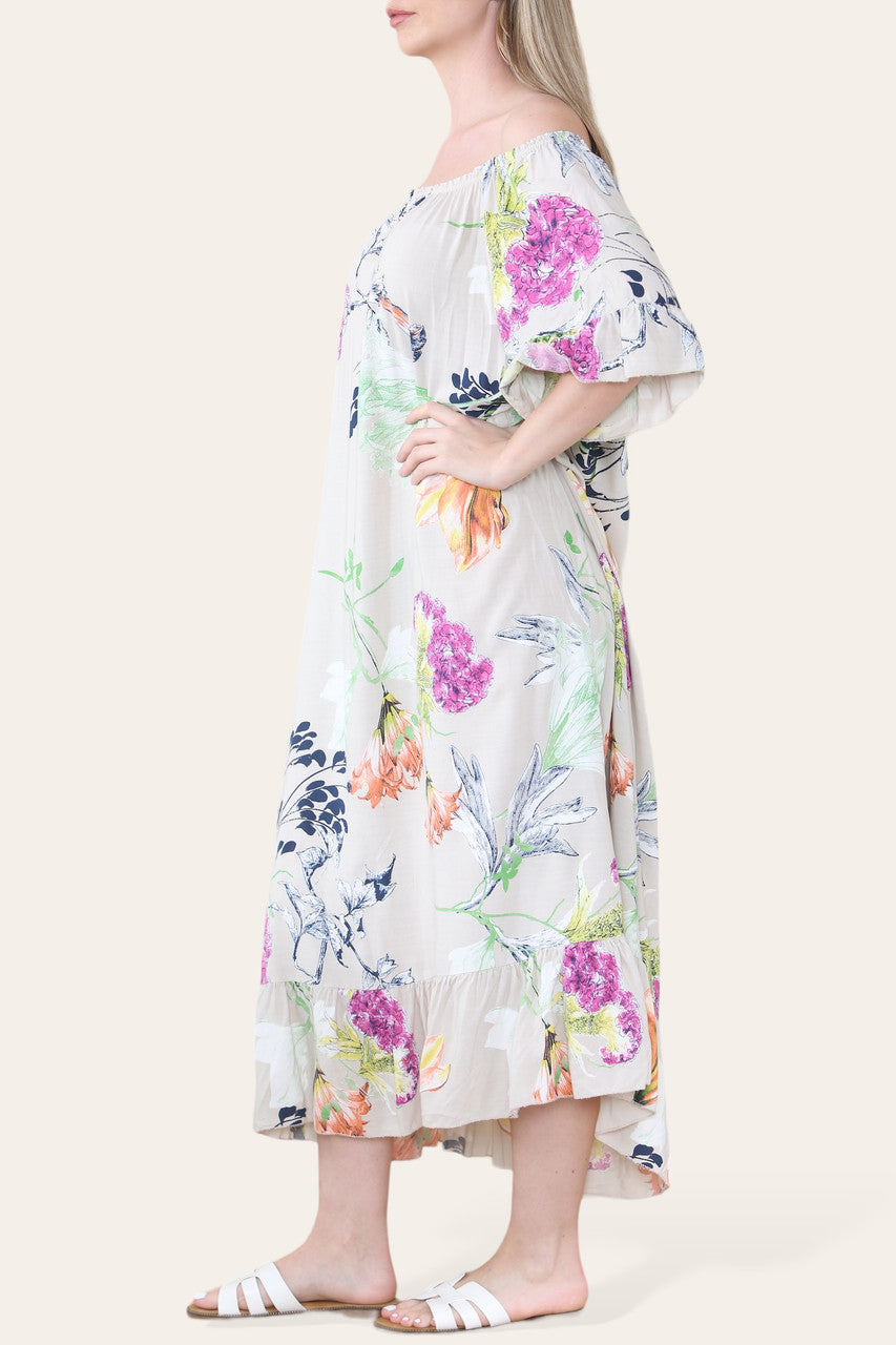 FLORAL BLAD SCHETS PRINT BARDOT MIDAXI ZIGEUNER JURK STEEN