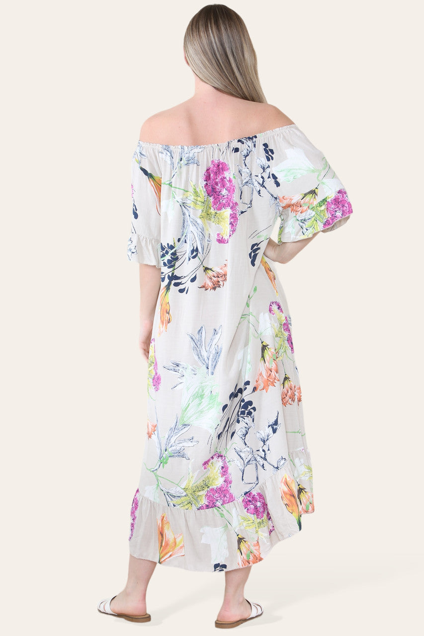 FLORAL BLAD SCHETS PRINT BARDOT MIDAXI ZIGEUNER JURK STEEN