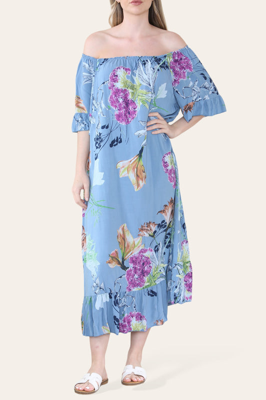 FLORAL LEAF SKETCH PRINT BARDOT MIDAXI GYPSY DRESS DENIM