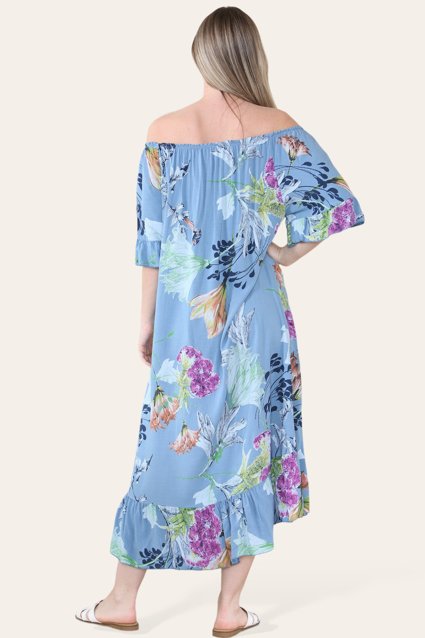 FLORAL BLAD SCHETS PRINT BARDOT MIDAXI ZIGEUNER JURK DENIM