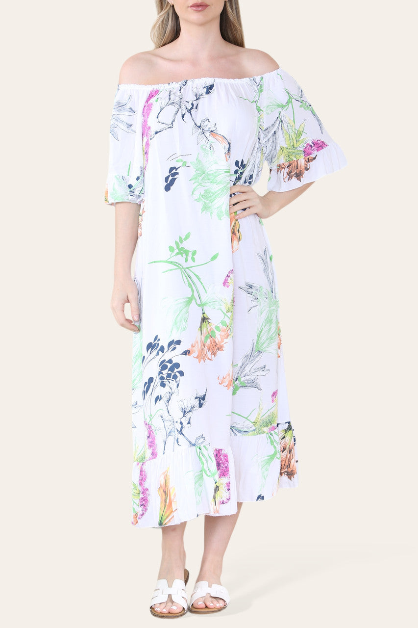 WITTE BARDOT MIDAXI GYPSY JURK MET BLOEMEN- EN BLADERENPRINT