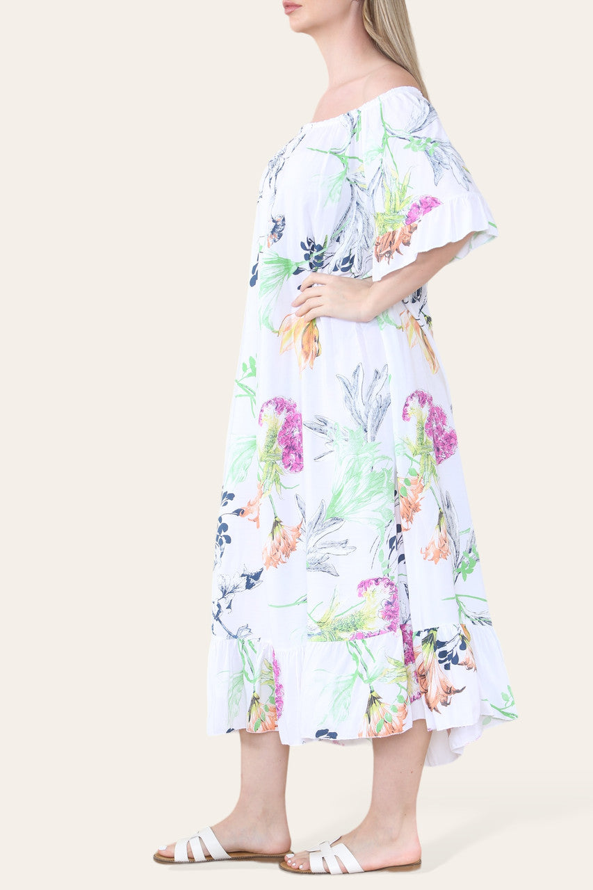 WITTE BARDOT MIDAXI GYPSY JURK MET BLOEMEN- EN BLADERENPRINT
