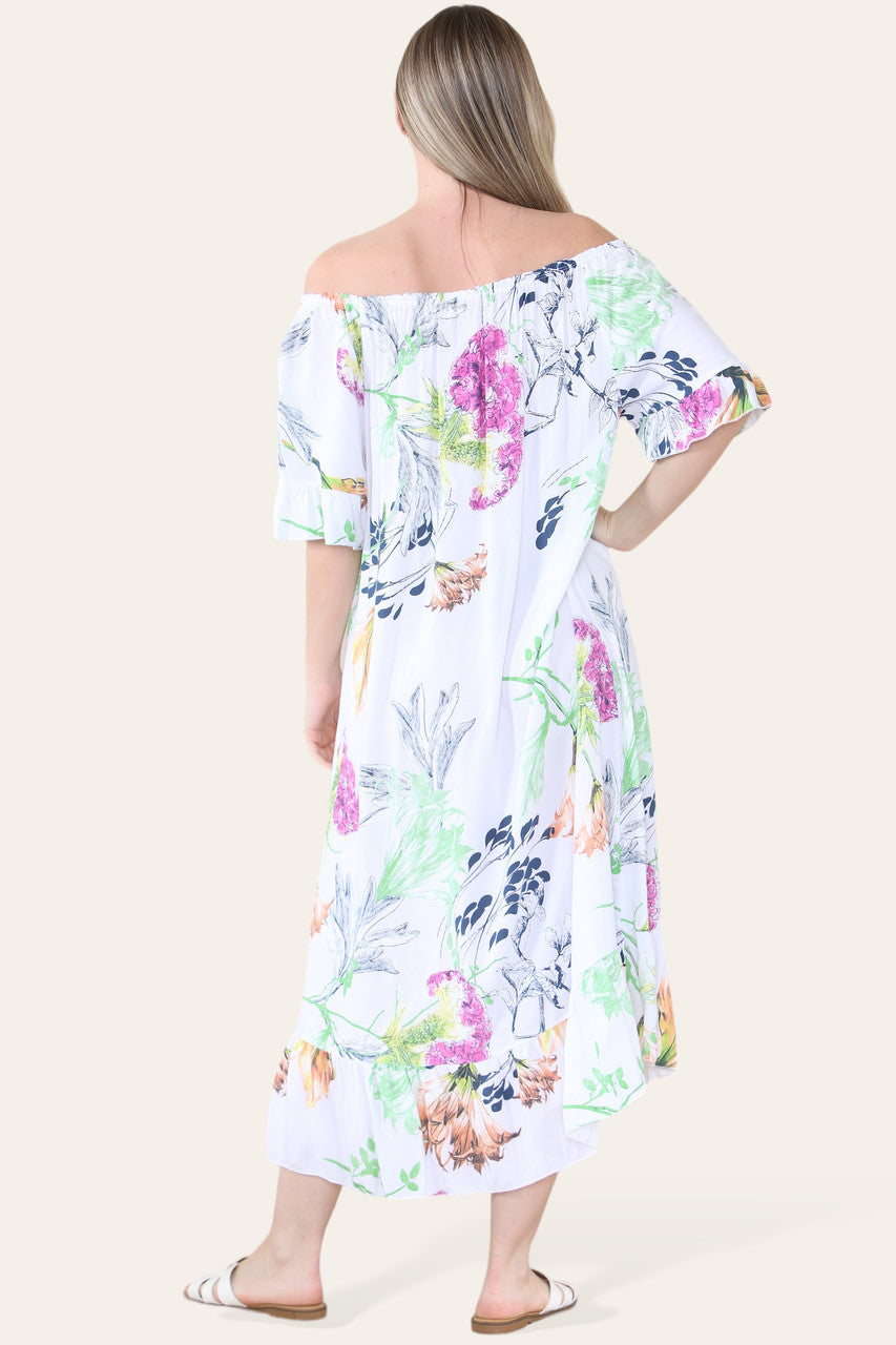 WITTE BARDOT MIDAXI GYPSY JURK MET BLOEMEN- EN BLADERENPRINT