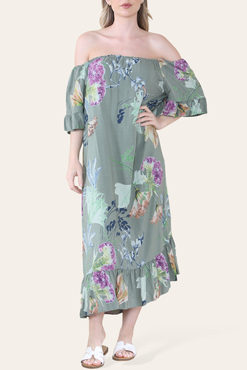 FLORAL LEAF SKETCH PRINT BARDOT MIDAXI GYPSY DRESS KHAKI
