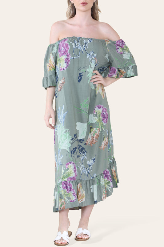 FLORAL LEAF SKETCH PRINT BARDOT MIDAXI GYPSY DRESS KHAKI