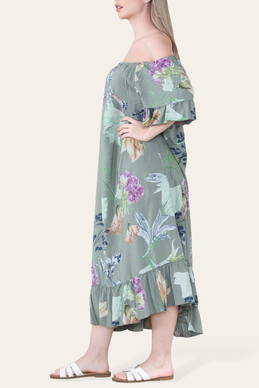 FLORAL LEAF SKETCH PRINT BARDOT MIDAXI GYPSY DRESS KHAKI