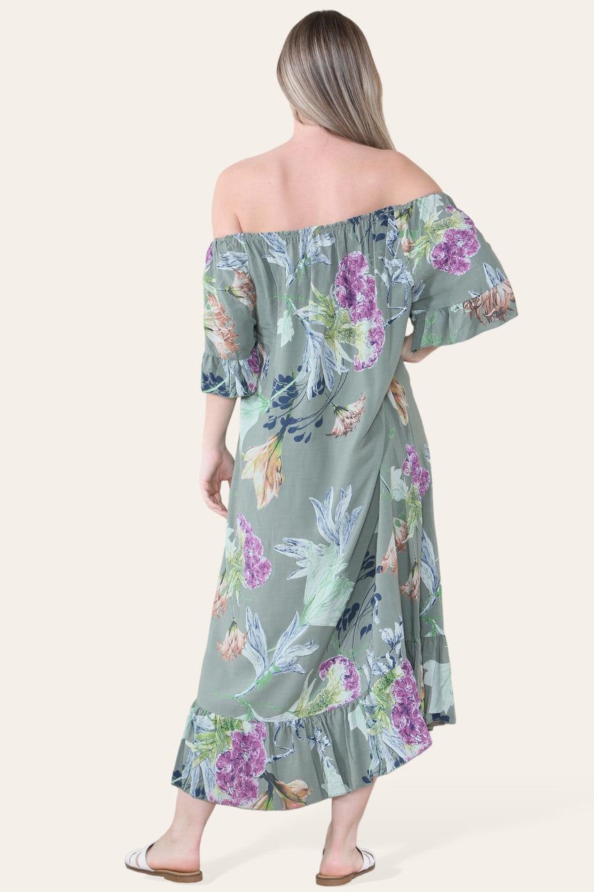 FLORAL LEAF SKETCH PRINT BARDOT MIDAXI GYPSY DRESS KHAKI