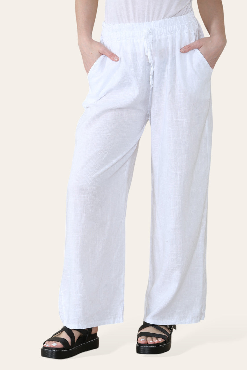 ELASTICATED WAIST COTTON LINEN TROUSERS WHITE